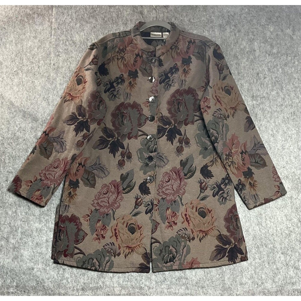 Chicos Coat Womens 2 Large Multicolor Floral Tapestry Button Front Boho Longline
